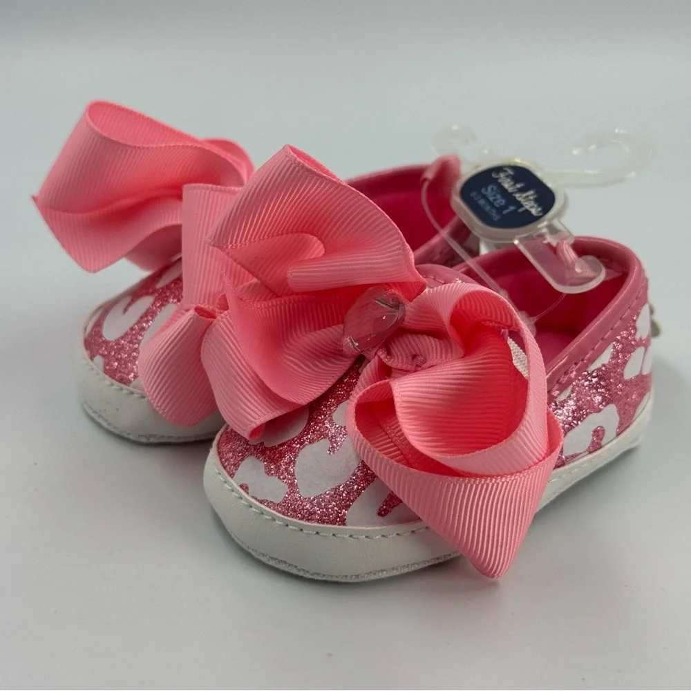 First Steps Pink Leopard Crib Shoes Size 1 (0-3 months) Big Bow Heart Gem New